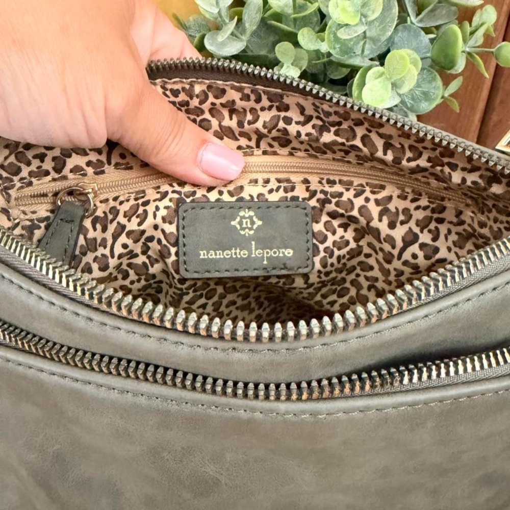 Nanette Lepore Olive Green Everyday Crossbody Bag Double Zip Leopard Lining - Picture 3 of 6